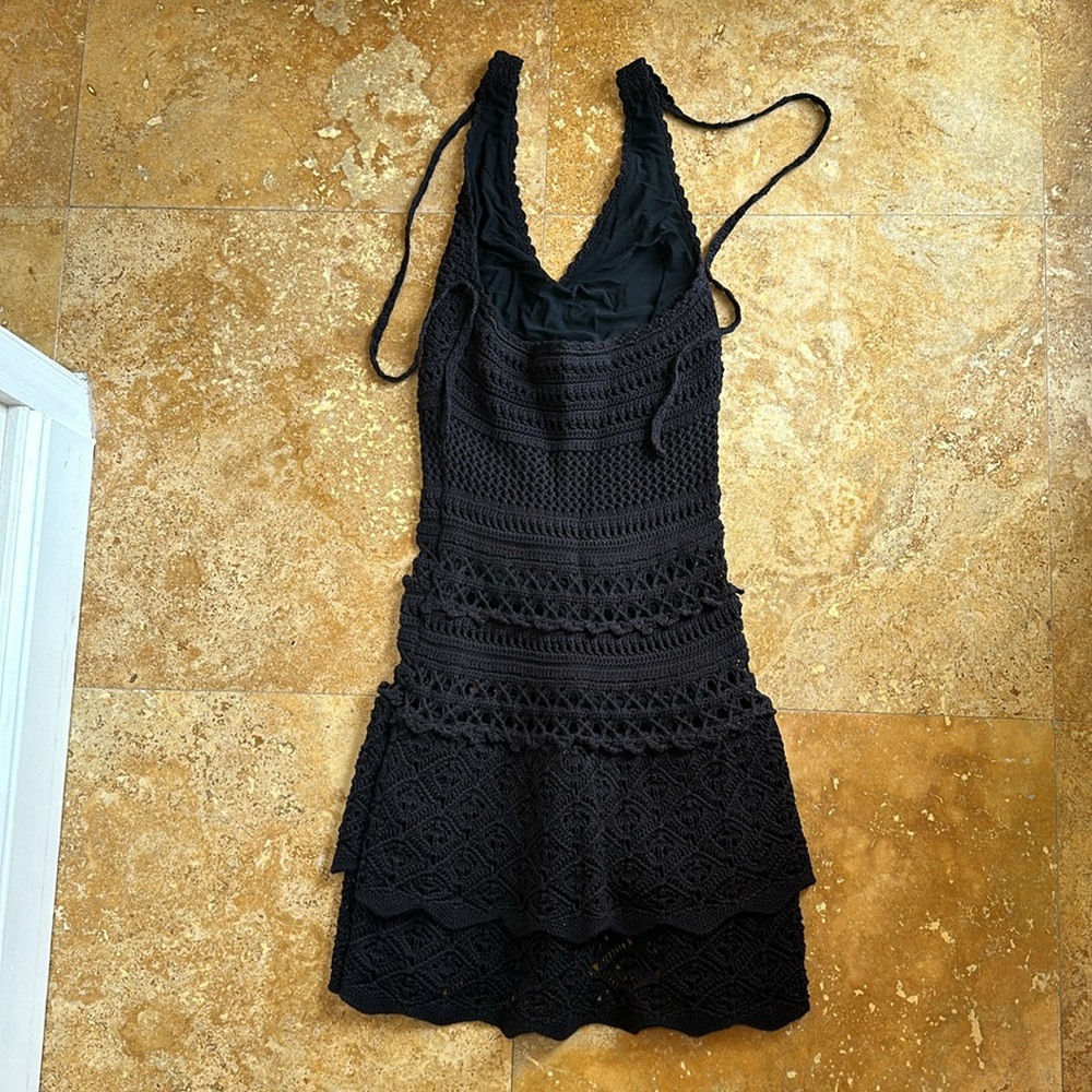Vintage Black Crochet Halter Mini Dress - Picture 4 of 6